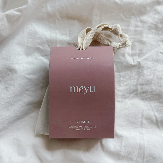 Yumei pink scented sachet on linen - gentle floral home fragrance with jasmine and orchid flower notes by Meyu Vancouver